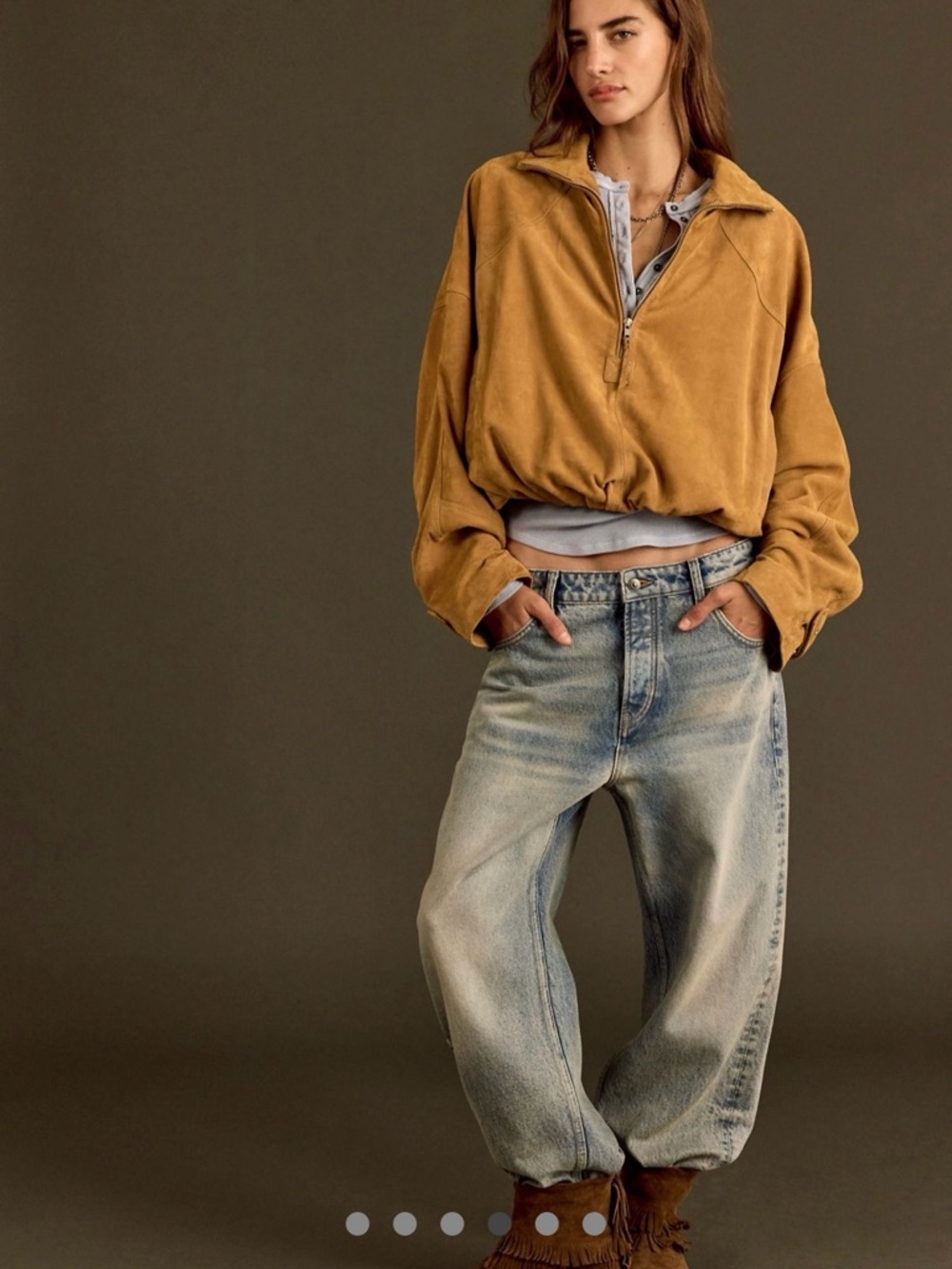 Free People Sonny Suede Pullover jacket 1/2 zip Tan sz S oversized New with tag - Picture 4 of 13